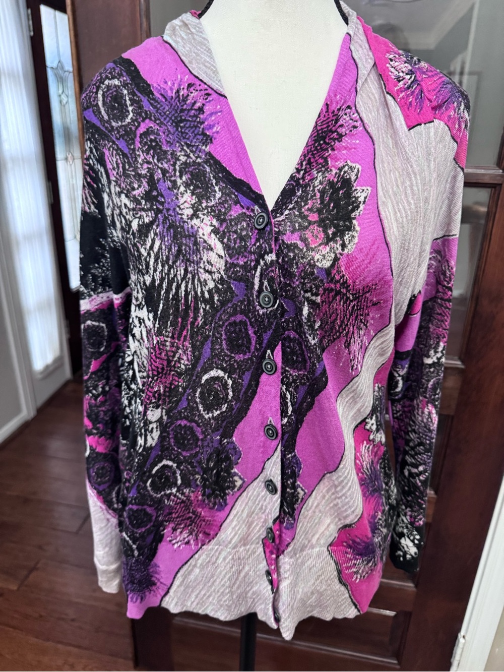 NIC+ZOE Silk Linen Floral Hooded Cardigan Pink Purple Black L